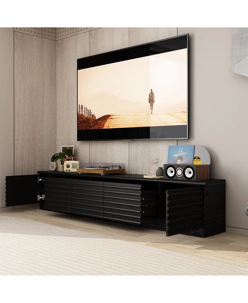 Tv stand with two doors and three drawers, multi-purpose media console, black wood entertainment center