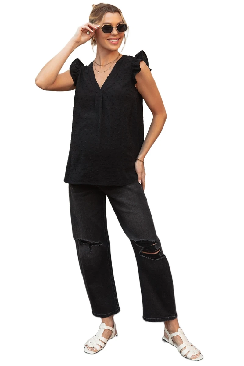 Pinkblush Maternity Black Swiss Dot Flutter Sleeve V-Neck Top