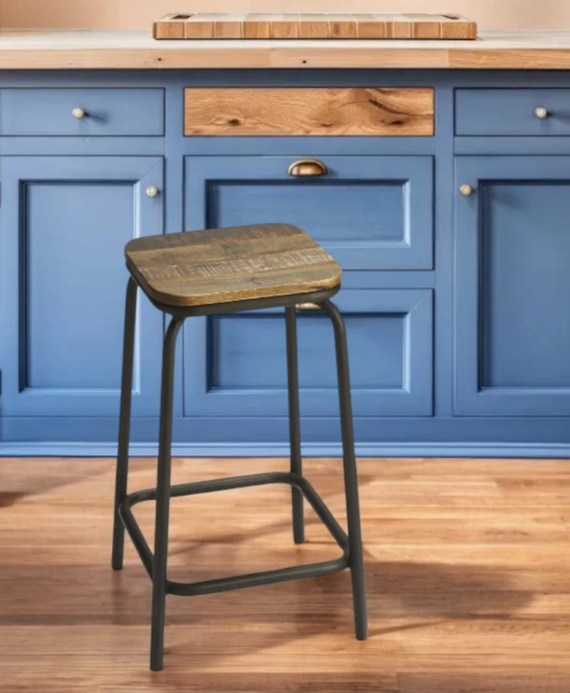 Solid Wood and Iron Backless Counter Height Bar Chair