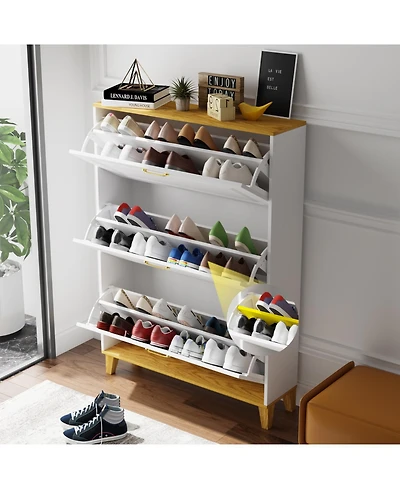 Wooden three-door natural shoe cabinet, multi-purpose shoe rack with adjustable shelves,cabinet foot,white
