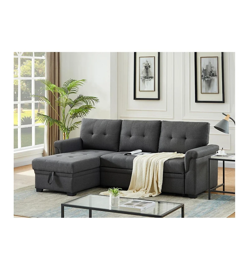 Homlux 84"W Dark Gray Linen Reversible Sleeper Sectional Sofa with Storage Chaise