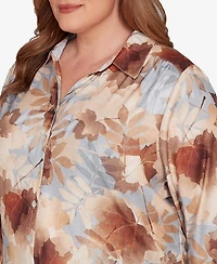 Alfred Dunner Plus Classic Textured Leaf Button Front Top