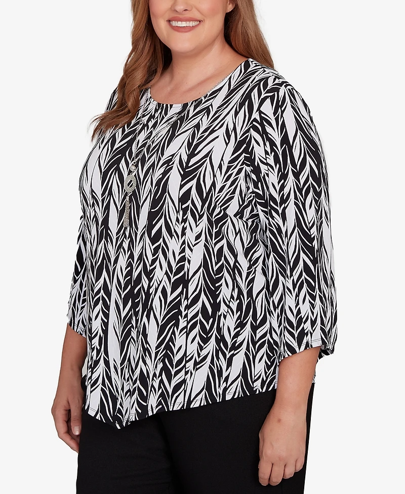 Alfred Dunner Plus Classic Puff Print Abstract Feather Crew Neck Top