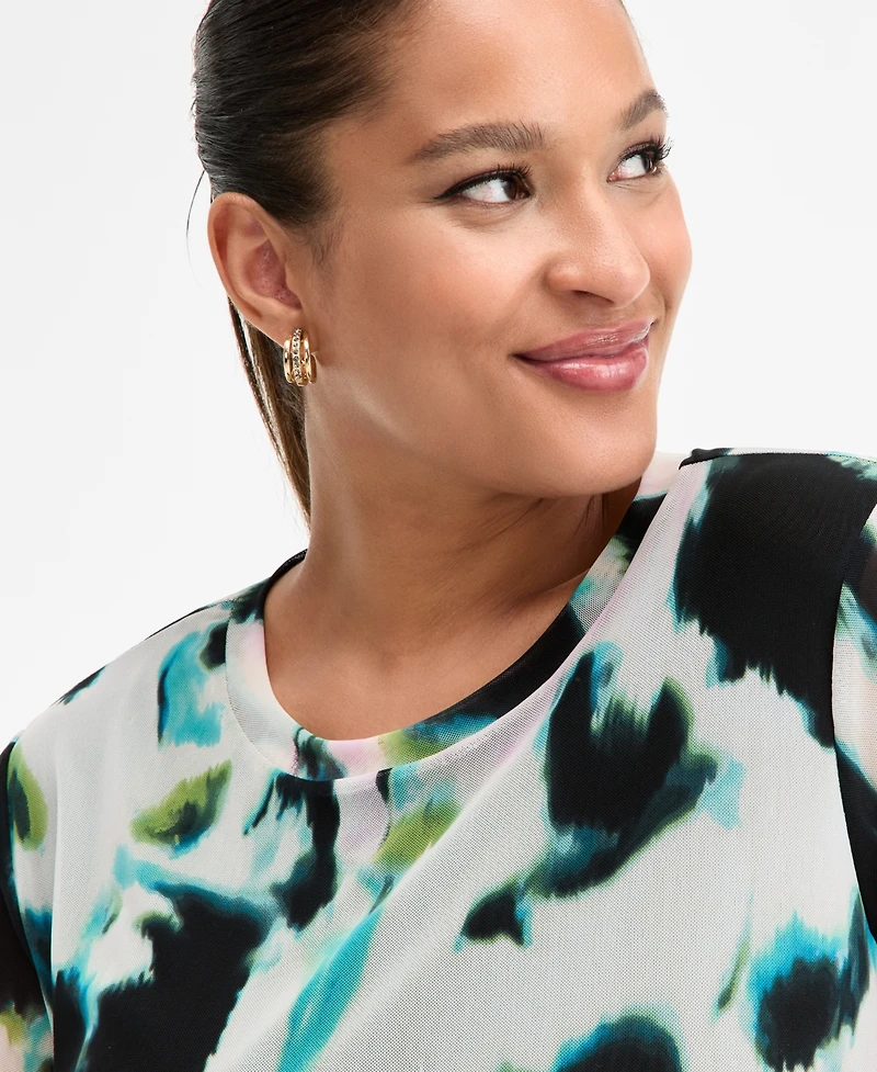 I.n.c. International Concepts Plus Printed Mesh Short-Sleeve Top, Macy's Exclusive