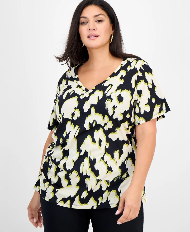 I.n.c. International Concepts Plus Cotton V-Neck Short-Sleeve Top, Macy's Exclusive