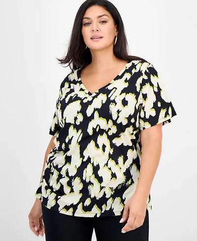 I.n.c. International Concepts Plus Cotton V-Neck Short-Sleeve Top, Macy's Exclusive