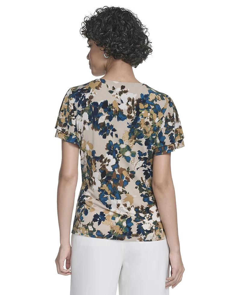 Calvin Klein Women's Printed Flutter-Sleeve V-Neck Top