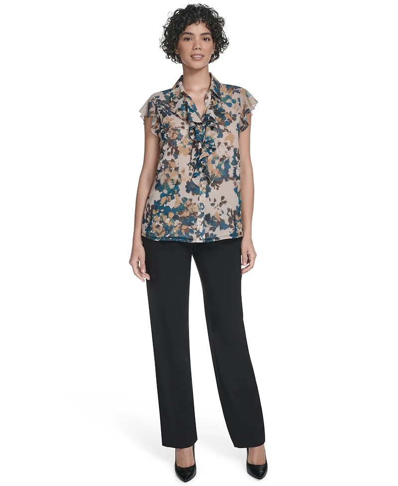 Calvin Klein Women's Printed Flutter-Sleeve Ruffle Blouse