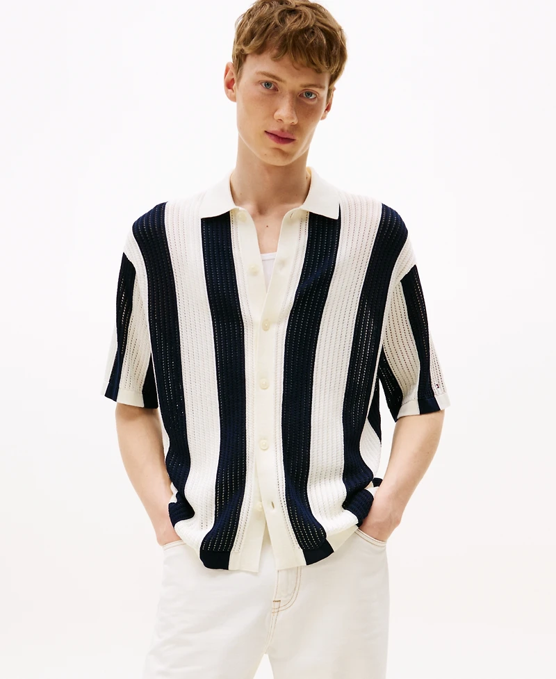 Tommy Hilfiger Men's Stripe Button Front Open Knit Shirt