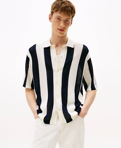 Tommy Hilfiger Men's Stripe Button Front Open Knit Shirt
