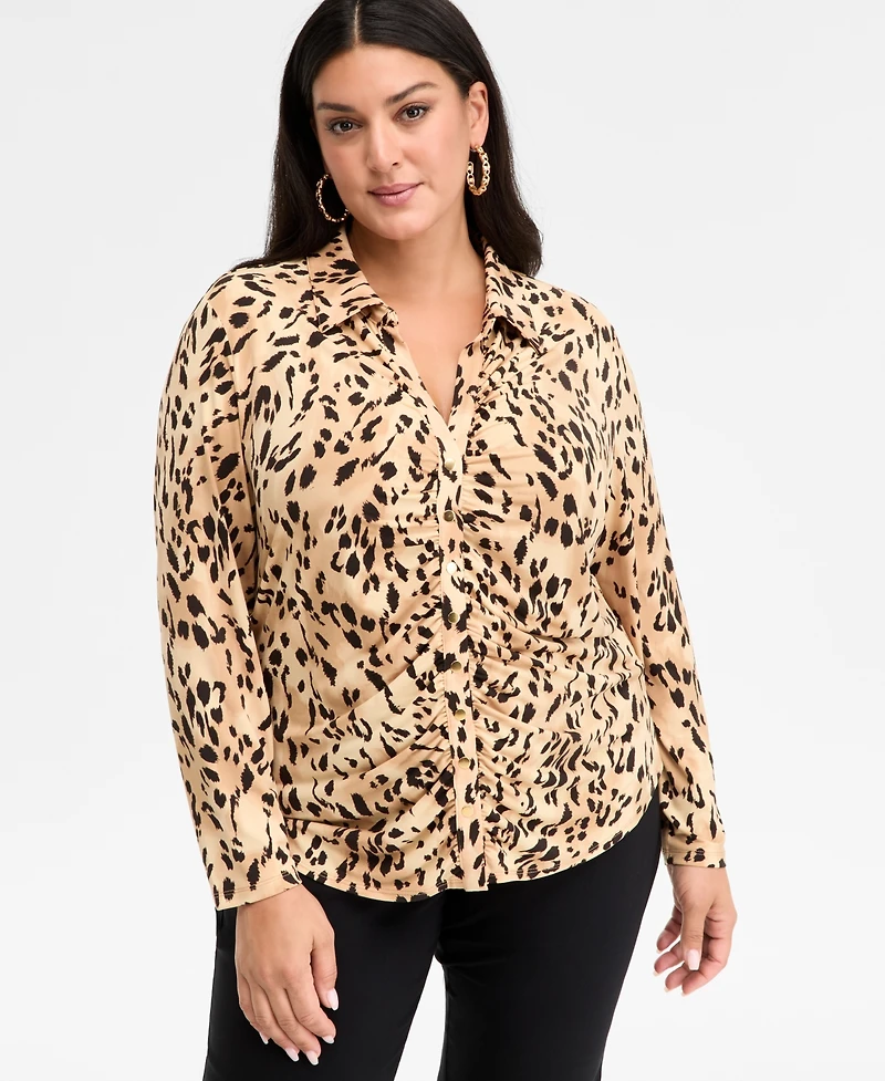 I.n.c. International Concepts Plus Printed Gathered Collared Shirt, Macy's Exclusive