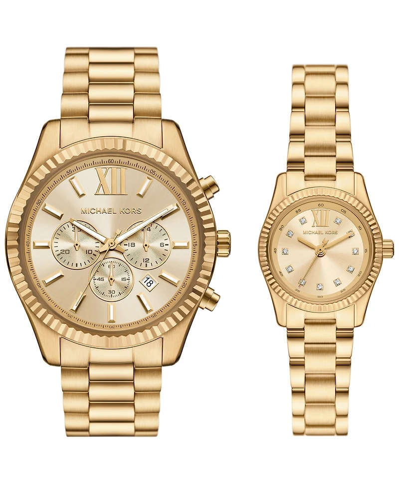 Michael Kors His and Hers Lexington Chronograph and Three-Hand Gold-Tone Stainless Steel Watch Gift Set, 44mm and 26mm