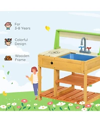 Cesicia Mud Kitchen Outdoor Kitchen Playset for Kids Wooden with Realistic Play Kitchen Toys, Faucet and Sink, Storage Shelves