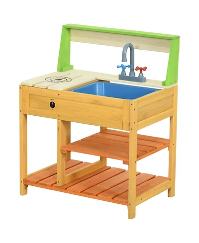 Cesicia Mud Kitchen Outdoor Kitchen Playset for Kids Wooden with Realistic Play Kitchen Toys, Faucet and Sink, Storage Shelves