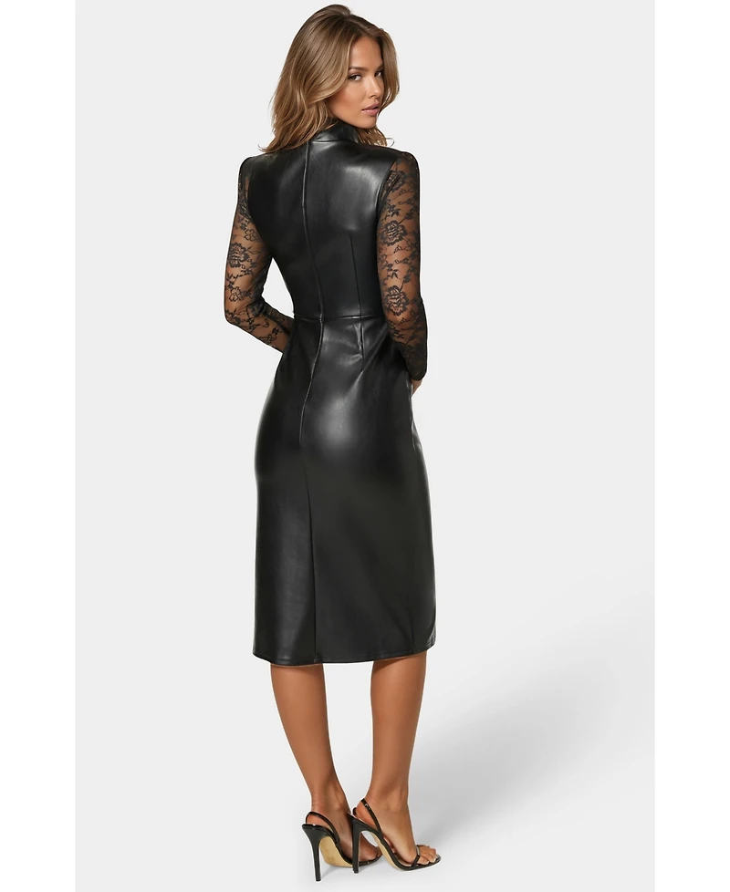 Bebe Women's Faux Leather Lace Illusion Midi Dress