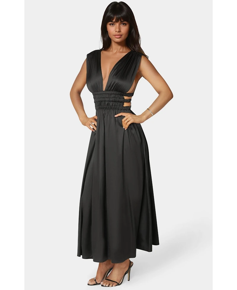 Bebe Women's Satin V-Neck Cutout Maxi Dress