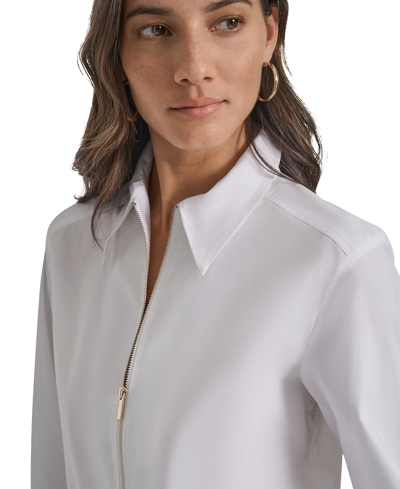 Dkny Jeans Women's Collared Cotton Poplin Zip-Front Shirt