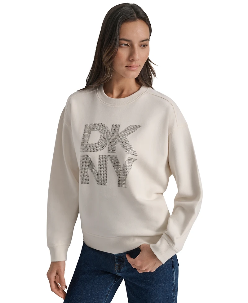 Dkny Jeans Women's Rhinestone Logo Cotton Crewneck Sweatshirt