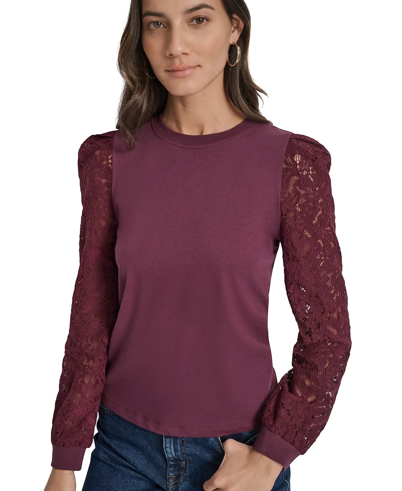 Dkny Jeans Women's Lace Puff-Sleeve Crewneck Top