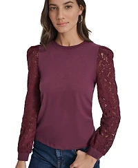 Dkny Jeans Women's Lace Puff-Sleeve Crewneck Top