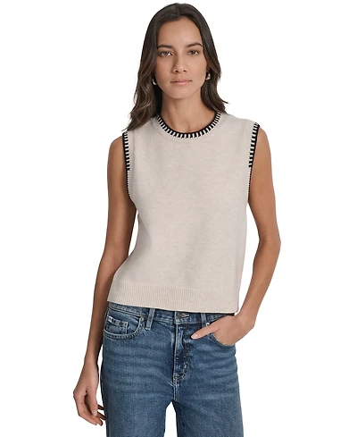 Dkny Jeans Women's Whipstitch Trim Crewneck Sleeveless Sweater