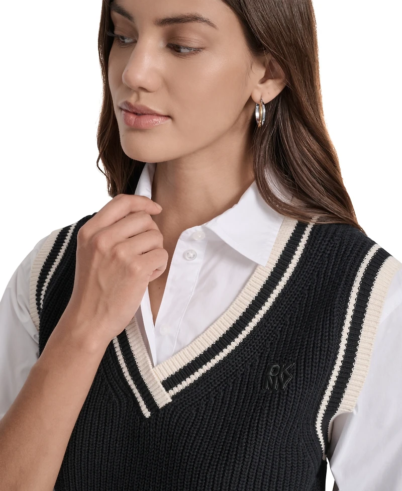 Dkny Jeans Women's Contrast Trim Cotton V-Neck Sleeveless Sweater