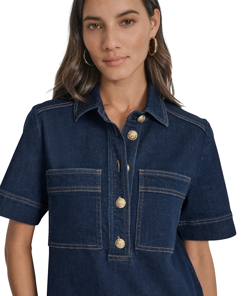 Dkny Jeans Women's Collared Short-Sleeve Denim Shift Dress