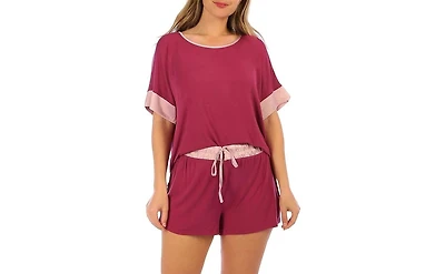 Tahari Women's 2 Piece Cooling Short Sleeve Top and Shorts with Satin Hem Pajama Set