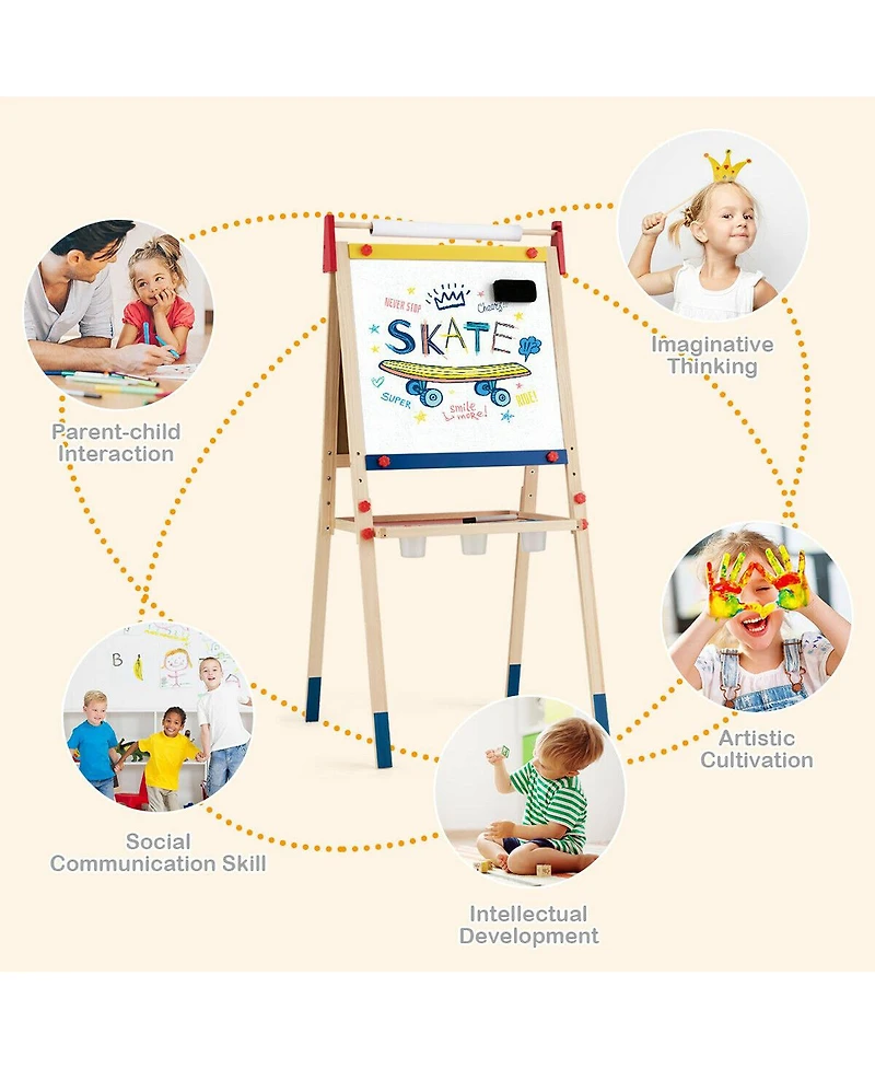 Akiudex all-in-one wooden height adjustable kid's art easel with magnetic stickers and paper