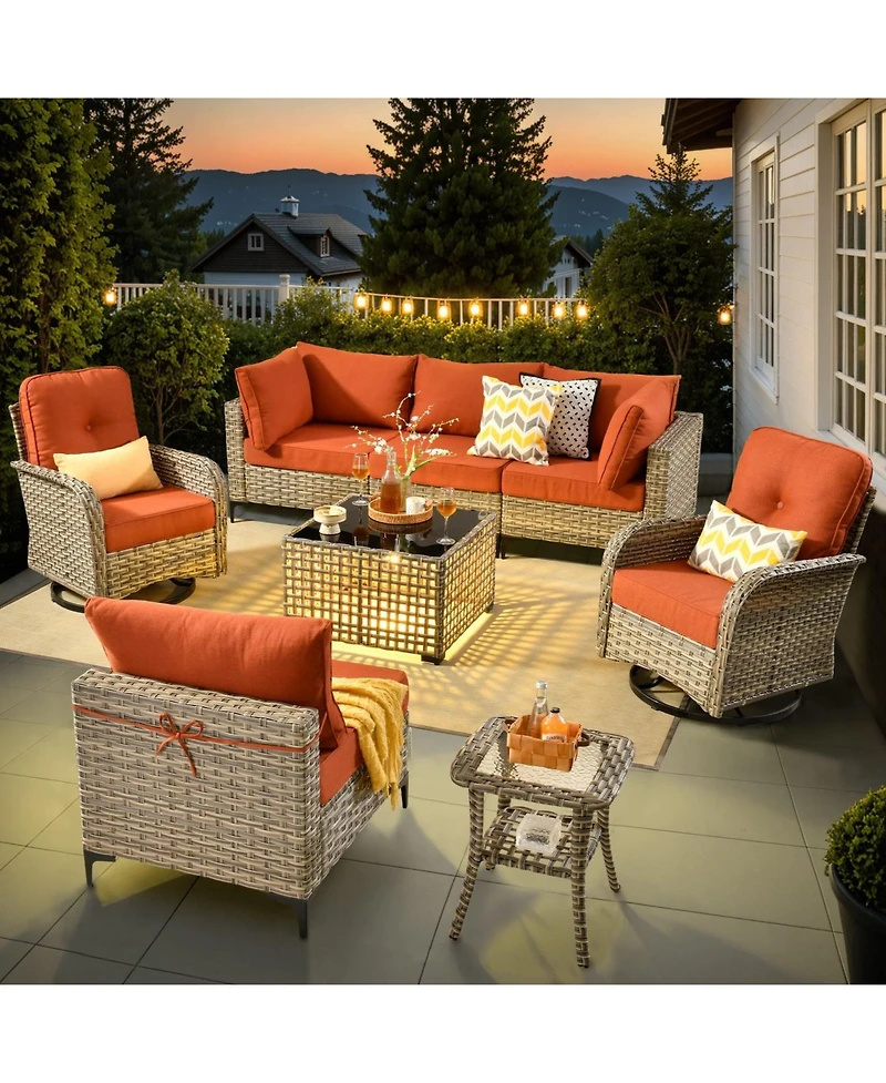 Xizzi Outdoor Patio Furniture Set,8 Pieces Rattan Sectional Cozy Sofa,Patio Conversation Sets with Swivel Chairs and Solar Coffee Table