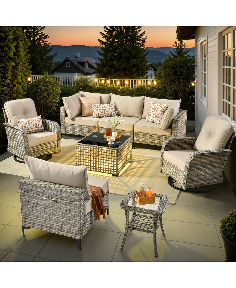 Xizzi Outdoor Patio Furniture Set,8 Pieces Rattan Sectional Cozy Sofa,Patio Conversation Sets with Swivel Chairs and Solar Coffee Table
