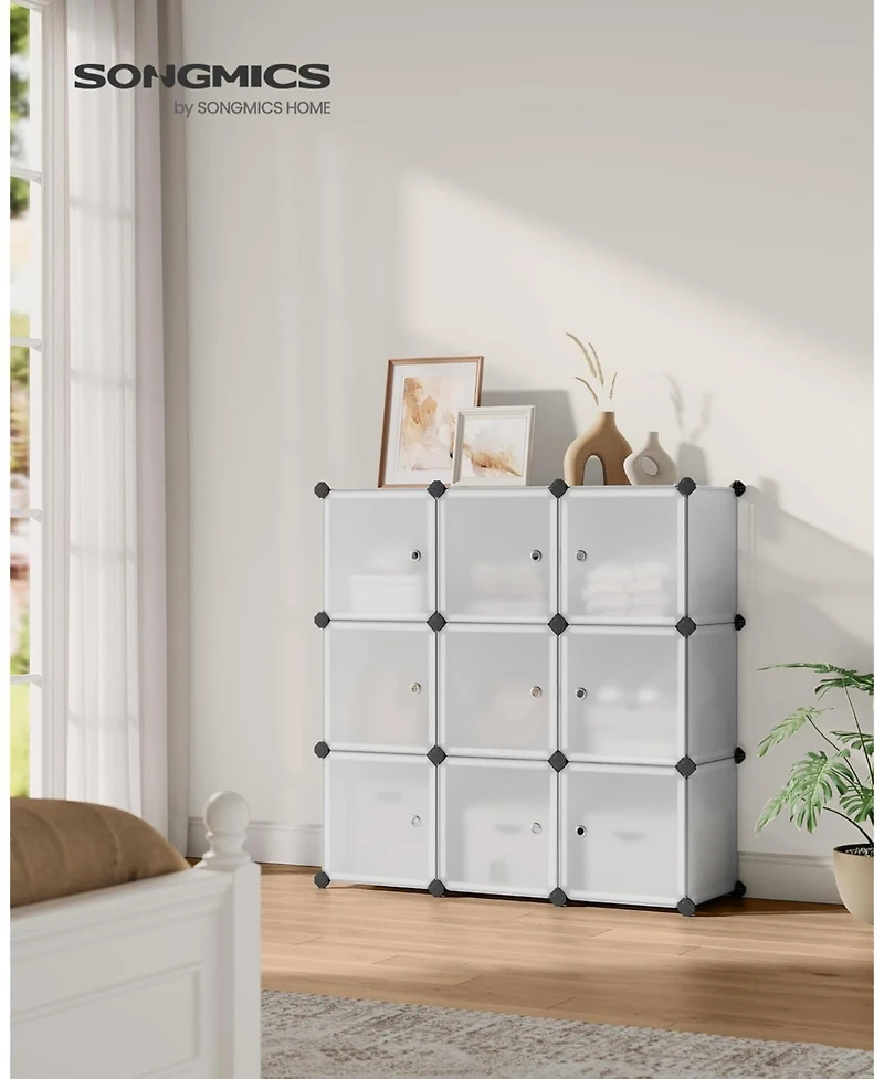 Songmics Home Modular Cube Storage Organizer, Set of 9 Plastic Cubes with Doors, Diy Closet Shelving Unit, Customizable Bookcase and Cabinet, Black an