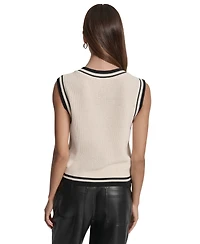 Dkny Jeans Women's Contrast Trim Cotton V-Neck Sleeveless Sweater