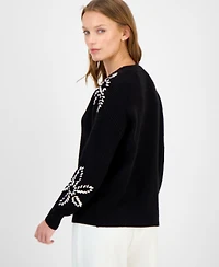 T Tahari Women's Floral-Embroidered Crewneck Sweater