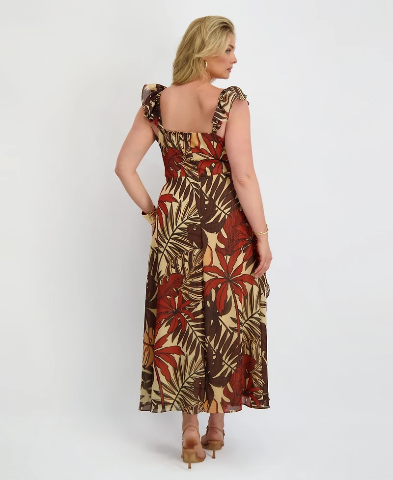 Siena Plus Flutter-Sleeve Printed Chiffon Maxi Dress