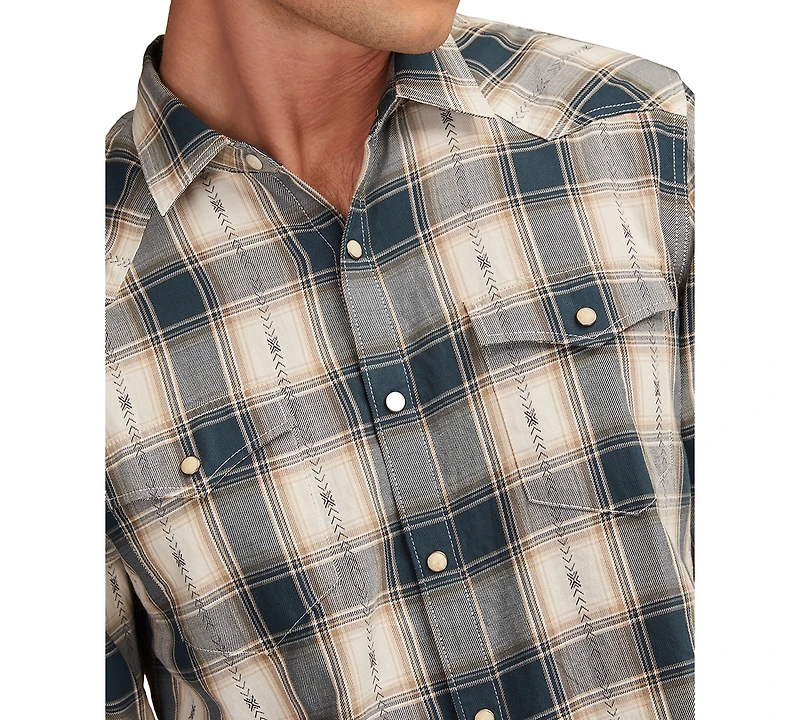 Lucky Brand Men's Dobby Western Long Sleeve Snap-Front Plaid Shirt
