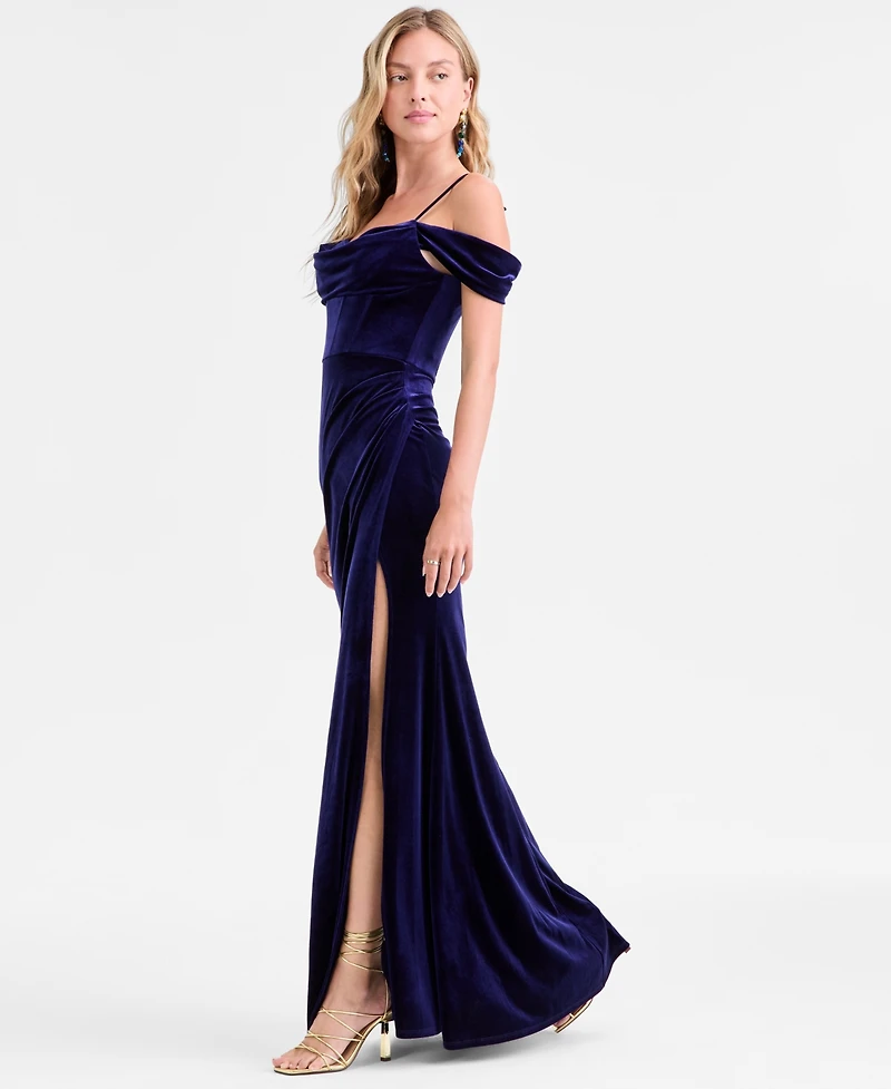 B Darlin Juniors' Velvet Off-The-Shoulder Gown