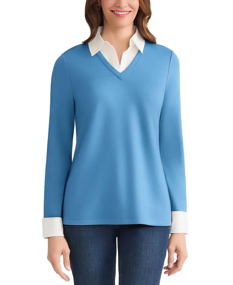Jones New York Petite V-Neck Long-Sleeve Two-Fer Pullover