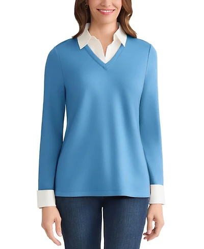 Jones New York Petite V-Neck Long-Sleeve Two-Fer Pullover
