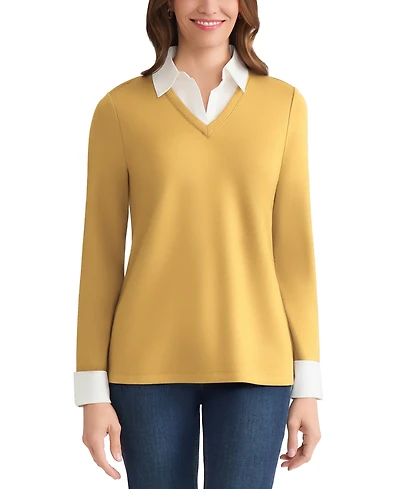 Jones New York Petite V-Neck Long-Sleeve Two-Fer Pullover