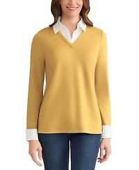Jones New York Petite V-Neck Long-Sleeve Two-Fer Pullover