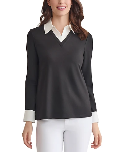 Jones New York Petite V-Neck Long-Sleeve Two-Fer Pullover