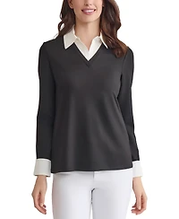 Jones New York Petite V-Neck Long-Sleeve Two-Fer Pullover