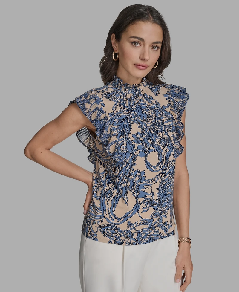 Bcbg Women's Printed Mock Neck Knit Flutter-Sleeve Top