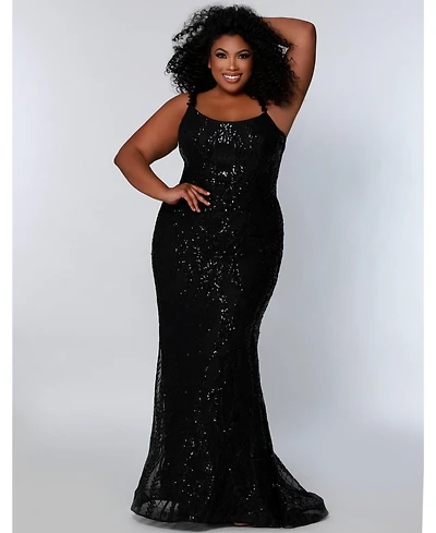 Sydney's Closet Women's Scoop Neck Fitted Sequin Evening Gown