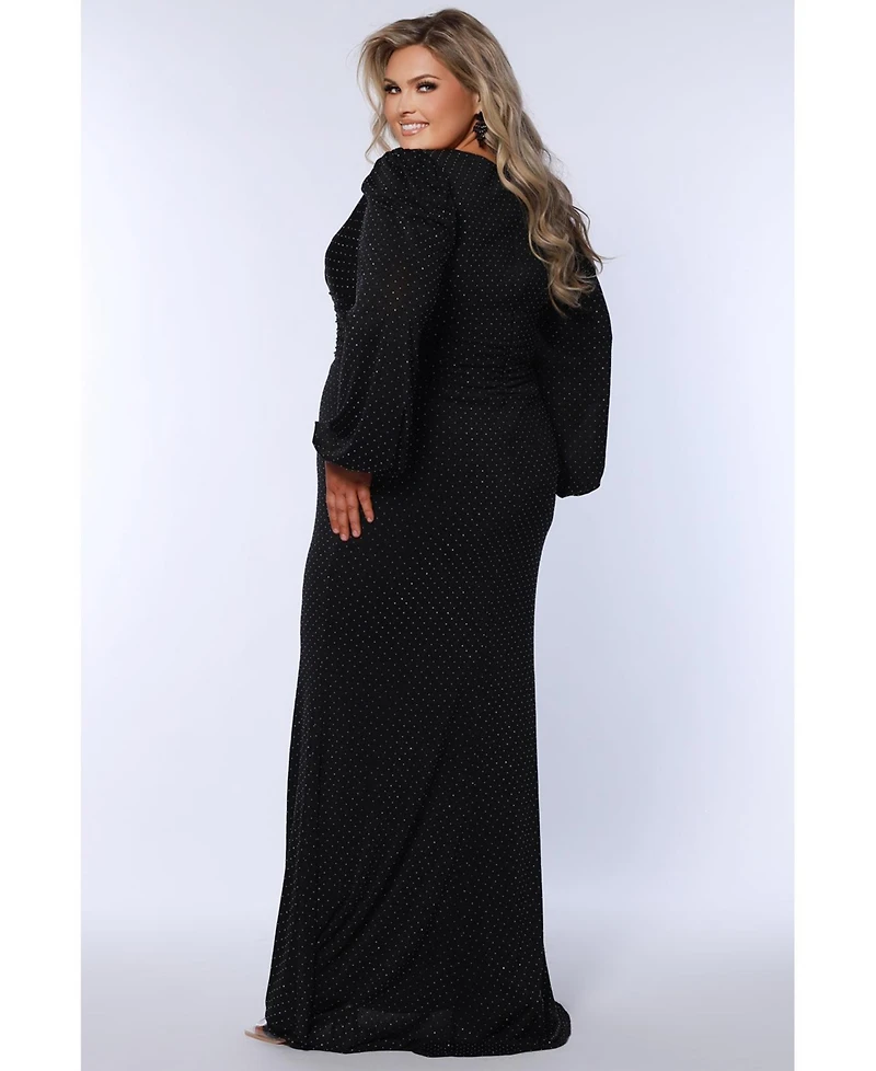 Celebrations by Sydney's Closet Women's V-Neck Puff Sleeve Long Formal Dress with Slit