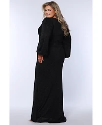 Celebrations by Sydney's Closet Women's V-Neck Puff Sleeve Long Formal Dress with Slit