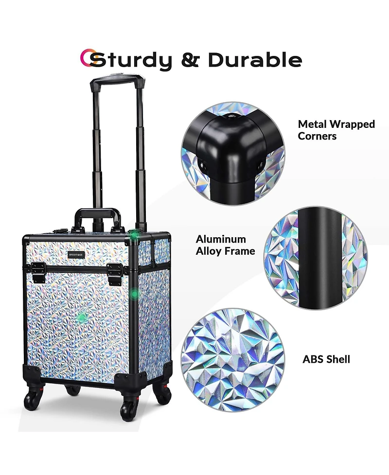 Byootique Folding Manicure Nail Table & Rolling Makeup Train Case Mermaid Silver