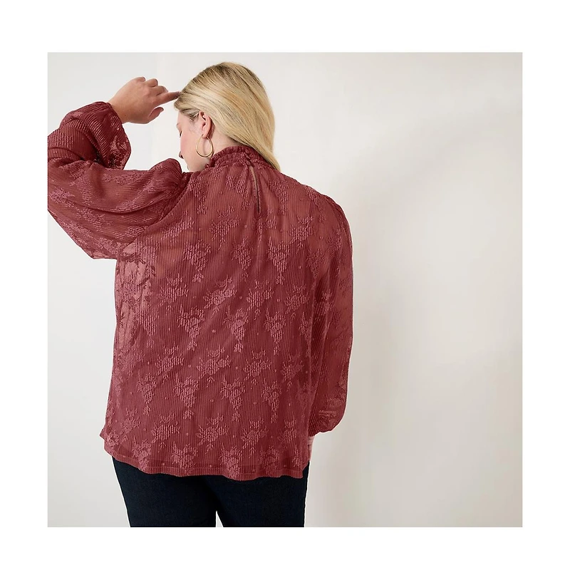 June + Vie Women's Plus Smocked Mockneck Blouse