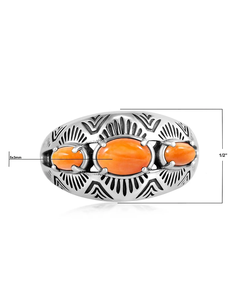 American West Jewelry Sterling Silver Orange Spiny Oyster 3-Stone Oval Band Ring, 10